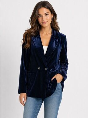 AQUA Velvet Double Breasted Blazer Evening Jacket Small Navy Blue Soft Stretch